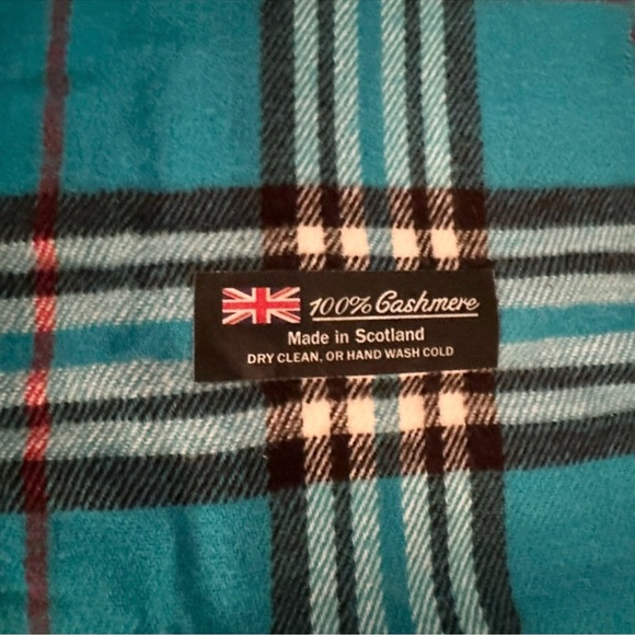 CASHMERE Turquoise Blue Black Check Plaid Fringe Scarf R $128 - Picture 3 of 4